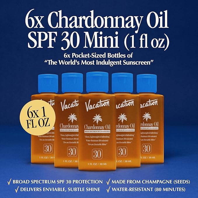 Vacation Mini Chardonnay Oil SPF 30, Hydrating & Nourishing Sunscreen Oil, Lightweight, Transparent on All Skin Tones, Water-Resistant, Travel Size Sunscreen, 1 Fl. Oz. (Value Pack of 6)