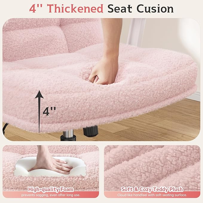 Criss Cross Chair with Wheels and Flip-up Arms, Adjustable Height, Teddy Plush Fabric,Pink, for Bedroom, Home Office, Apartment,Vanity