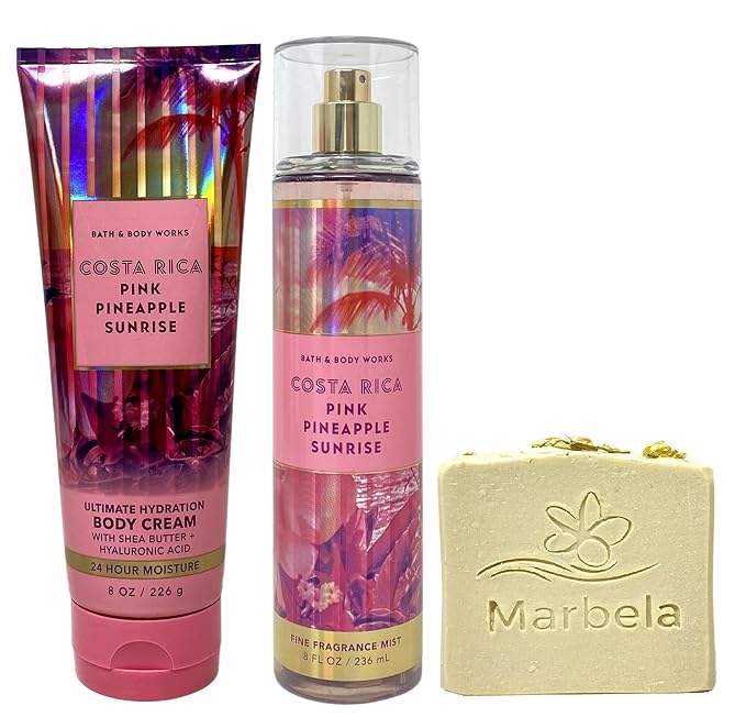 Bath & Body Works Costa Rica Pink Pinapple Sunrise Body Cream and Fragrance Mist Duo Set with a Wild Jasmine Bar Soap - Full Size