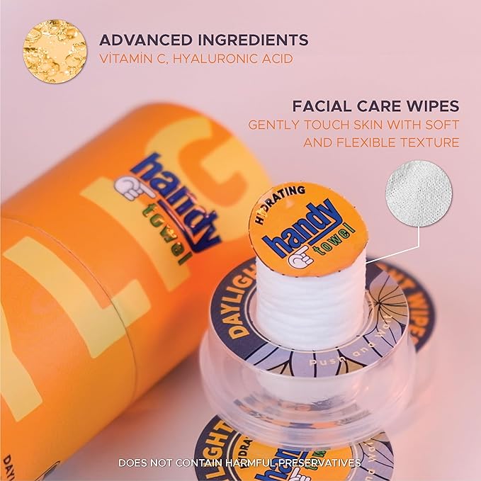 Handy Towel Daylight Facial Care Wipes, Pore Cleansing Wipes for Radiant Healthy Skin, Hyaluronic Acid Face Care Wipes, Moisturizing Daily Skin Care Towelettes, Nourishing Skin Care Wipes, 8 Count