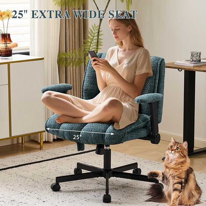 Criss Cross Legged Office Chair with Flip-Up Arms and Wheels, Wide Seat Desk Chair with Built-In Dynamic Airbag Lumbar Support, Modern Cross-Leg Chair for Home Office, Apartment, Vanity, Dark Green