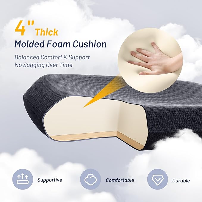 Office Desk Chair for Long Hours & Lower Back Pain Relief – 4“ Thick Molded Foam Cushion, Enhanced Lumbar Support, Padded Flip-up Armrests, Ideal for Office or Study, Black