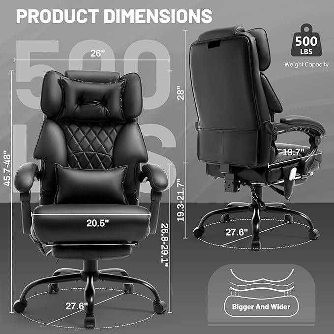 Office Chair with Foot Rest,3D Kneading Massage & Heat Executive Office Chairs for Heavy People,500LBS Big and Tall Office Chair,Ergonomic Reclining Desk Chair,Dual-Use Pillow,Home Office,Black