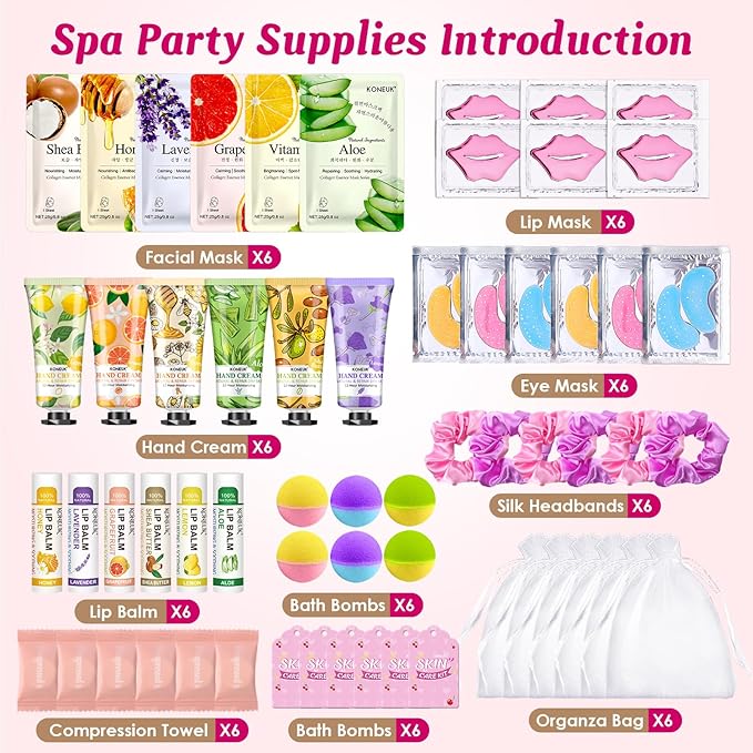 60PCS Spa Party Supplies for Girls, Include Face Masks, Hand Cream, Lip Balm, Foot Bath Bombs, Lip Mask, Under Eye Patches, Compressed Towels, Spa Birthday and Sleepover Party Supplies for Girls Women