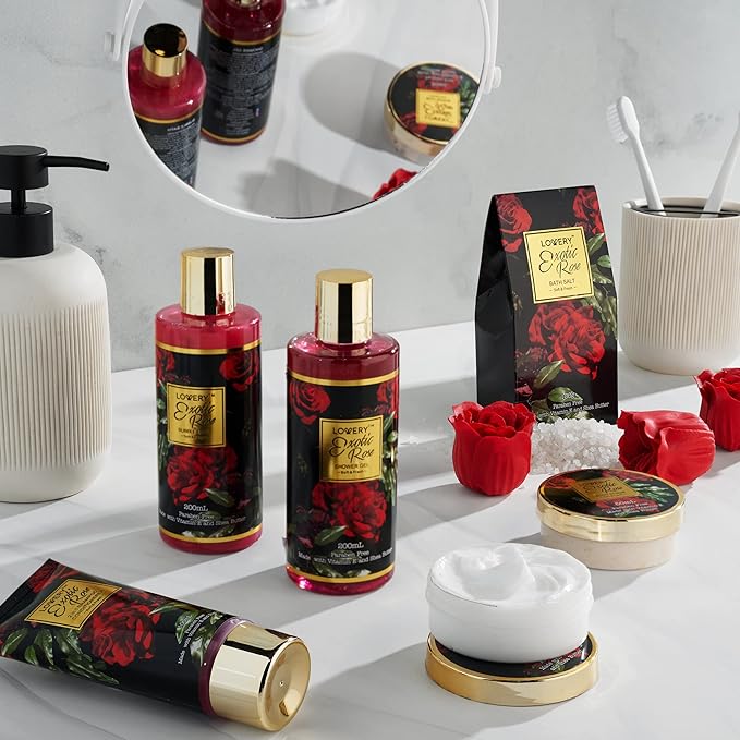 Gifts for Her - Exotic Rose Valentine Gift Basket for Women, Spa Bath and Body Gift Set, Anniversary Gifts for Women, Mom Birthday Gift with Body Scrub, Bubble Bath, Lotion & More