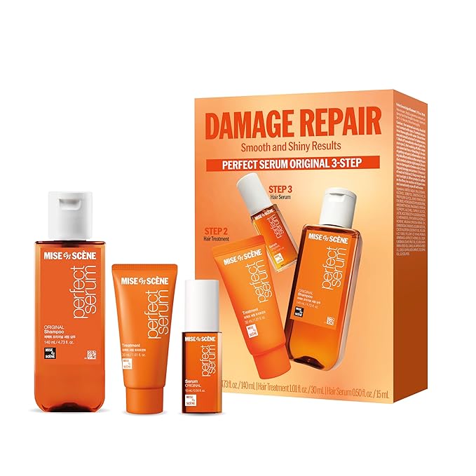 Mise En Scene Perfect Original Serum Hair Care Set | Travel Size Hair Products for Frizzy and Dry | Mini Hair Oil for Heat Protection | Damage Repair Shampoo & Treatment | Gift set for women (3 Count)