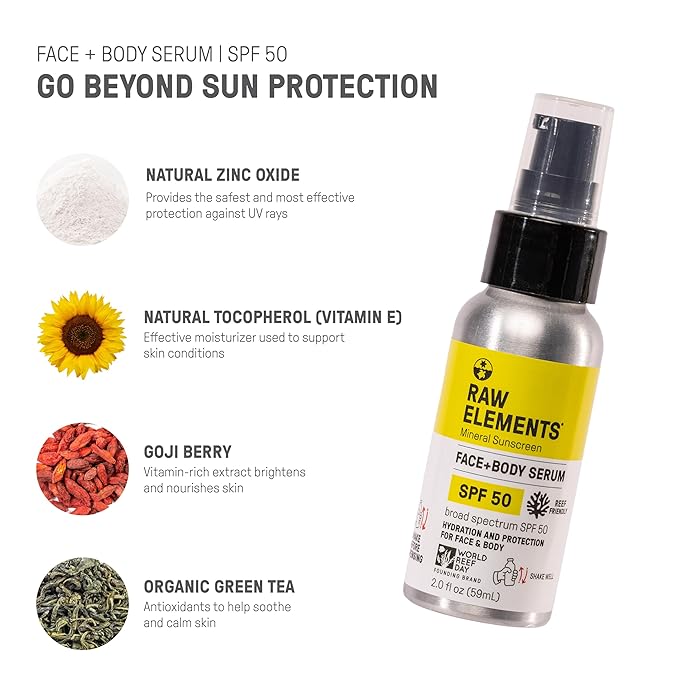 Raw Elements Face + Body Serum SPF 50 All-Natural Mineral Sunscreen - Reef Safe, Water Resistant, Broad Spectrum UVA/UVB Protection, Safe For All Ages, Travel Size 2oz (Pack of 2)