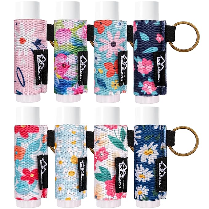 WK IEASON 8PCS Lip Balm Holder Keychain Bulk Holder made for Chapstick Holder Key chain Lip Gloss Sleeve Holder -Elastic Holder Sleeve for Fat and Slim Lip Balms&Gloss and Lip Sticker(8pcs Floral C)