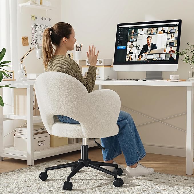Flower Vanity Chair, Cute Petal Desk Chair with Wheels, Height Adjustable & Armless Swivel Makeup Task Chair for Relaxation, Study, White