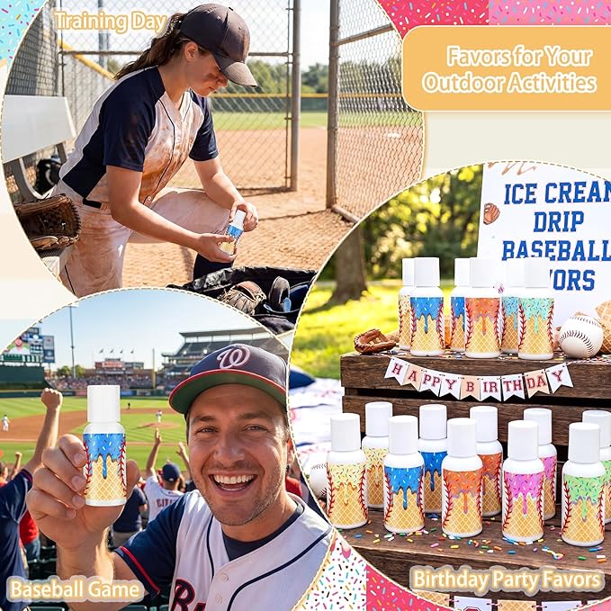 Demissle 24 Pcs Ice Cream Baseball Gifts Mini Sunscreen Bulk SPF 30 Travel Size Sunscreen Ice Cream Dripping Party Favors for Baseball Birthday Sports Team Summer Gifts, 1 Fl. oz