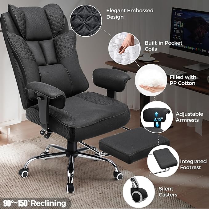 GTPLAYER Big and Tall Office Chair 400LBS Wide Ergonomic Fabric Deluxe Embossing Designed Gaming Chair with Foot Rest,150°Reclining Adjustable Armrests Pocket Spring Back Support and Pillow
