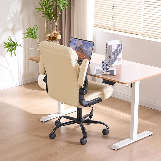 Home Office Ergonomic Desk Chair - Comfy Leather Executive Chair with Flip-Up Armrests, Lumbar Support, 360° Swivel & Rocking (Beige)