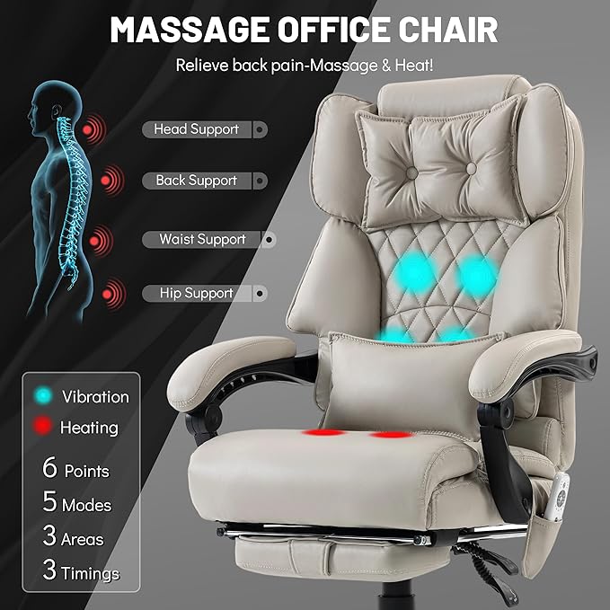 Massage Office Chair with Foot Rest,6 Points Vibration & Heat Executive Office Chairs for Heavy People,500LBS Big and Tall Office Chair,Ergonomic Reclining Desk Chair,Dual-Use Pillow,Beige