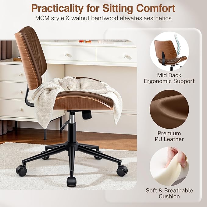 Ergonomic Armless Office Desk Chair - Mid-Century Modern Khaki Faux Leather with Diamond Stitch, Adjustable Height Swivel Rolling Task Computer Chair with Walnut Accent for Home Office, Study & Work