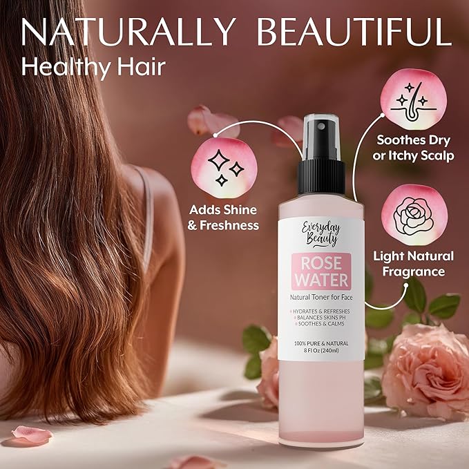 Everyday Beauty Rose Water Spray for Face - Natural Facial Toner - 8 Fl Oz Alcohol-Free Vegan Refreshing for Face and Hair - Uplifts, Calming & Soothing for All Skin Types