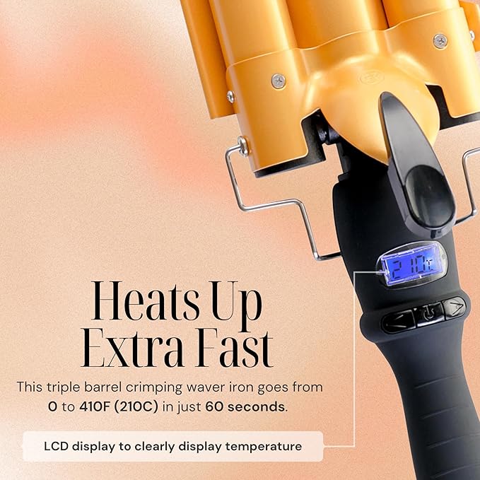 Alure Three Barrel Curling Iron Wand with LCD Temperature Display - 1 Inch Ceramic Tourmaline Triple Barrels, Dual Voltage Crimping Tool, Best Hair Waver for Beachy/Frizz Free Waves (zGold)