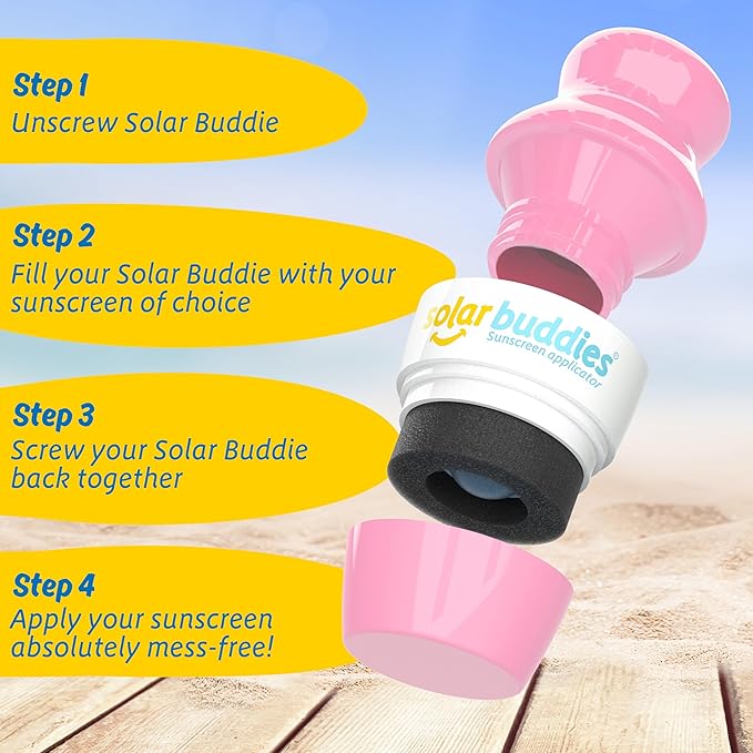 Solar Buddies Grab & Go Travel Bundle, Carabina Clip & Cleaning Brush - Single Full Pink - Refillable Roll on Sponge Sunscreen, Suncream & Lotion Applicator For Kids, Adults & Families - Holds 100ml