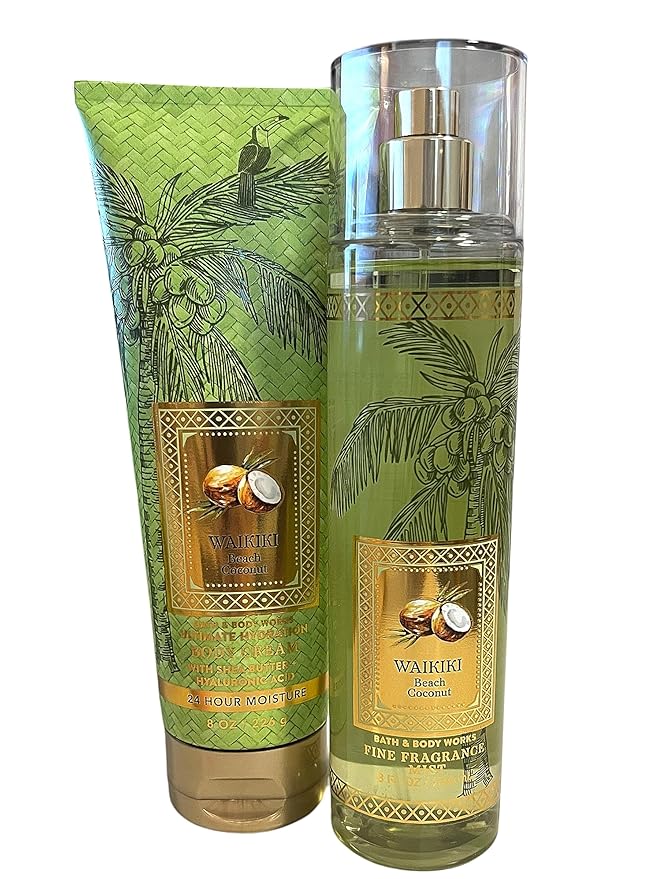 Bath and Body Works Lotion, Perfume Mist, Shower Gel Holiday and Tropical Fragrance Collection (Waikiki Beach Mist and Shea Cream, 2 Pc Set Full Size)