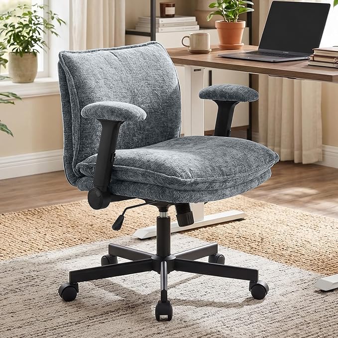 Cross Legged Office Chair, Height Adjustable Swivel Desk Chair with Flip-Up Arms, Padded Criss Cross Chair for Home Office & Bedroom
