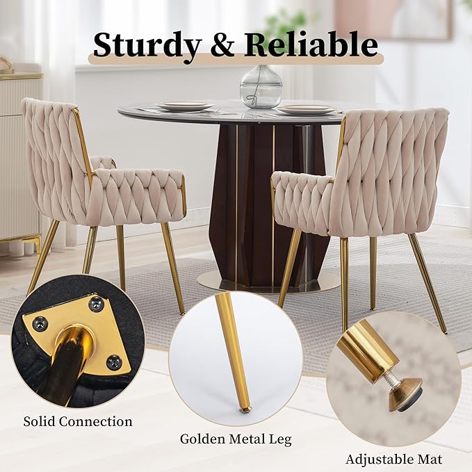 ABET Office Desk Chair No Wheels, Woven Velvet Vanity Chair with Back & Armrest, Comfy Upholstered Cute Gold Metal Legs Makeup Aesthetic Armchair for Girls & Women Bedroom, Nail Spa, Beige