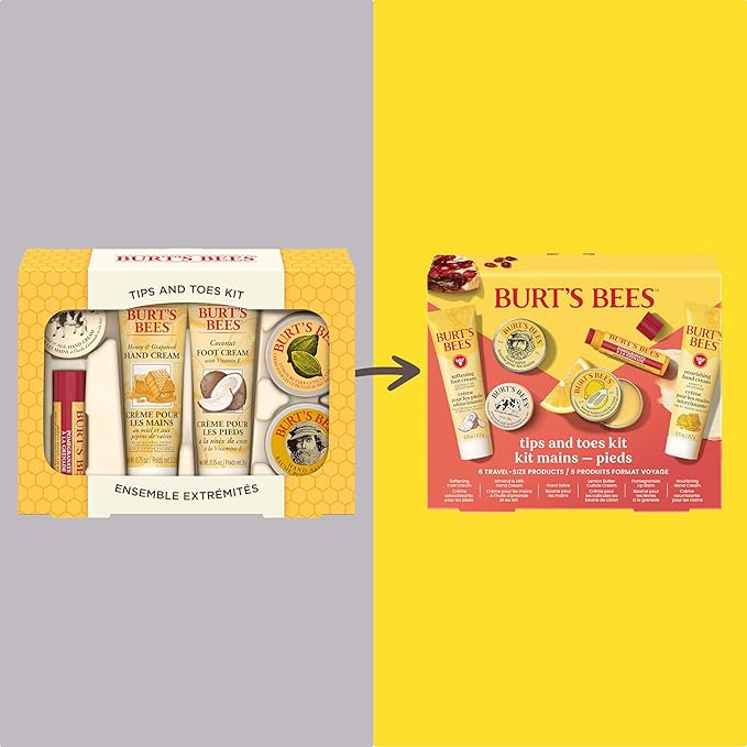 Burt's Bees Valentine's Day Gifts Ideas, Tips and Toes Kit, 6 Travel Size Products - Pomegranate Moisturizing Lip Balm, 2 Hand Creams, Foot Cream, Cuticle Cream, and Hand Salve