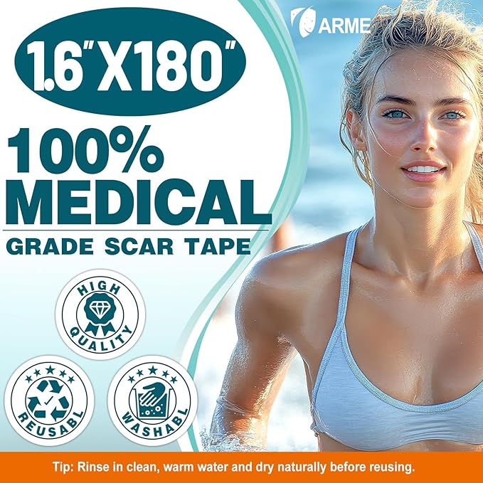 Arme Silicone Scar Tape, Silicone Scar Sheets for Surgical Scars(1.6"x180" Roll-4.6M), Medical Grade Scar Tape Reusable Sheets for Scar Treatment, Soft Scars Tapes for C-Section Keloid Tummy Tuck