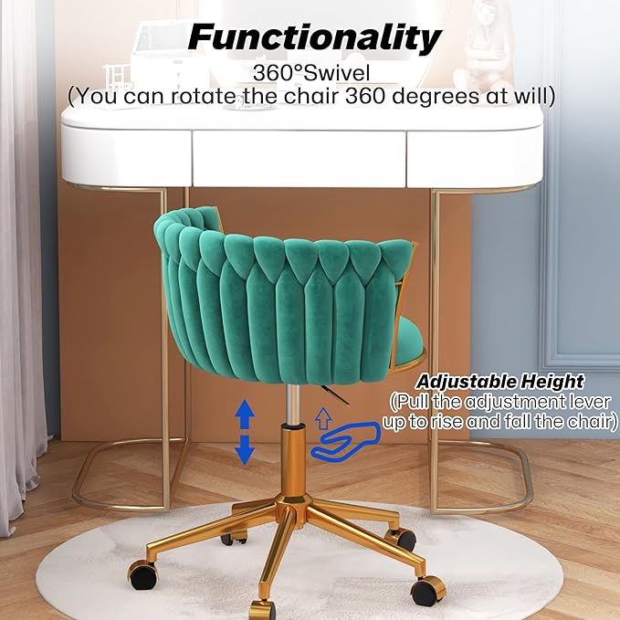 Velvet Woven Home Office Chair, Modern Swivel Desk Chair with Wheels, Height Adjustable Vanity Chair with Gold Metal Base and Hand Weaving Back for Bedroom Study Small Space, Green