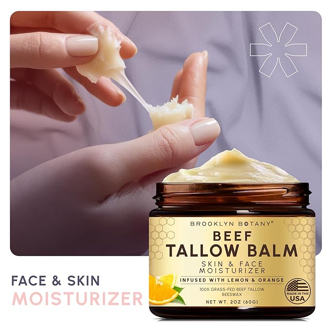 Brooklyn Botany Beef Tallow Balm – Grass Fed Beef Tallow for Skin and Face – Nourishing Face Moisturizer Infused with Citrus Oils – Orange Oil and Lemon Oil – 2 oz