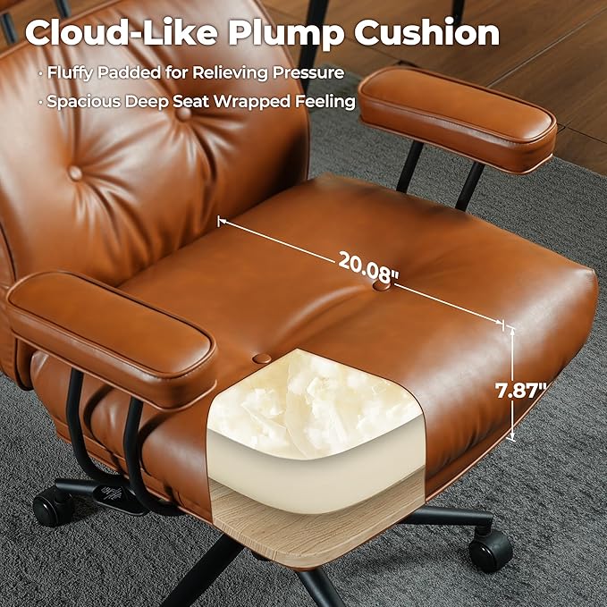 ovios Ergonomic Office Chair, High Back Faux Leather Executive Chairs with Thick Cushion, Comfy Mid-Century Modern Swivel Rolling Computer Armchair (Brown, PU Leather)