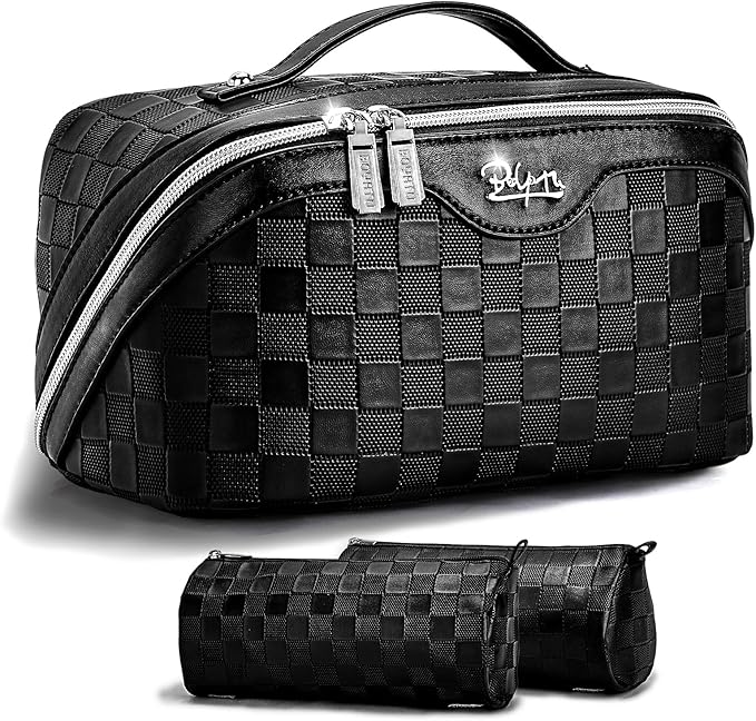 BOYATU Travel Makeup Bag Organizer: 3 Pcs Set Large Capacity Cosmetic Bags Holds 10–20 100ml Full-Size Bottles for 3–15 Day Trips - 180°Open-Flat Make up Case 3-sec touch-up - Toiletry Bag Gift women