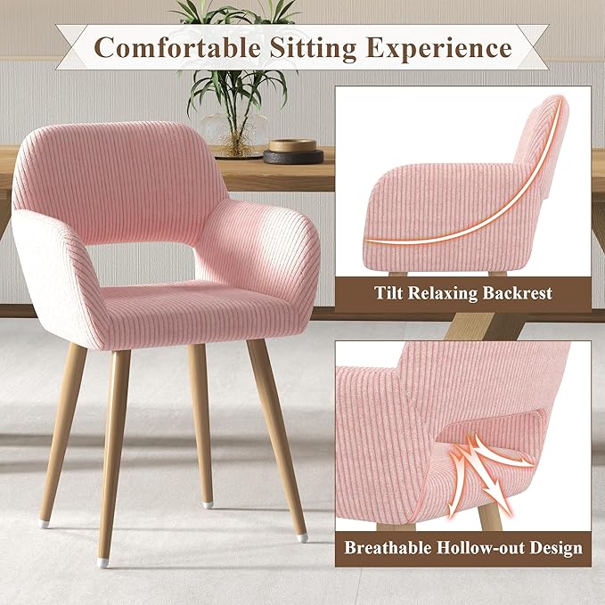 Home Office Desk Chair Set of 4, Corduroy Fabric Vanity Chair for Makeup with Hollow Backrest, Comfy Armchair Wood Frame with Strudy Metal Legs, Pink