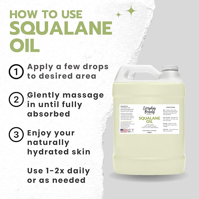 Squalane Oil Bulk - 1 Gallon 100% Pure & Natural Plant Derived Facial Oil - Cold Pressed and Unrefined Premium Grade Multipurpose Moisturizing Oil For Skin and Hair