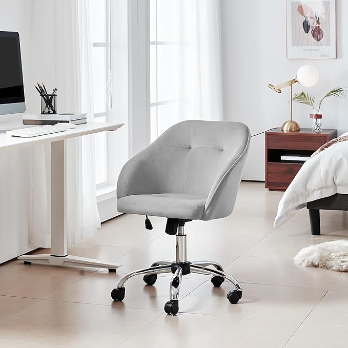 Yaheetech Velvet Desk Vanity Chair with Wheels Back Cute Small Swivel Comfy Computer Chair with Adjustable Height Tilt Angle Upholstered Accent Armchair for Bedroom Light Gray