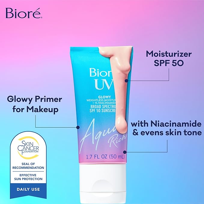 Bioré UV Aqua Rich Glow Enhancing Moisturizer with SPF, Daily Moisturizer with SPF 50, 1% Niacinamide Facial Sunscreen, 1.7 Oz