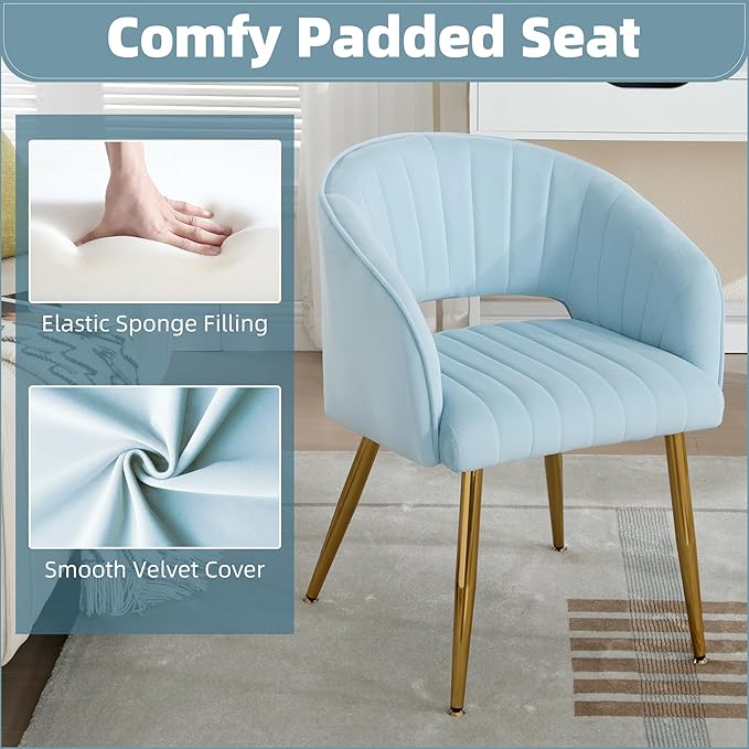 ABET Desk Chair with No Wheels, Velvet Home Office Armchair Gold Legs, Upholstered Modern Accent Chairs, Side Chair for Living Room Bedroom Vanity, Light Blue
