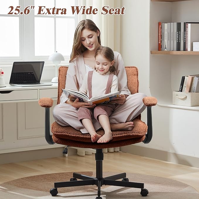 Criss Cross Legged Office Chair with Wheels and Flip-Up Arms, Upholstered Criss Cross Desk Chair, Wide Seat Chairs for Home Office, Vanity, Apartment, Orange