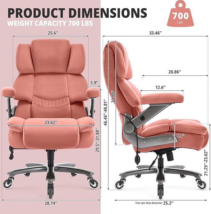 Fabric Big and Tall Office Chair 700lbs-High Back Executive Cloth Computer Chair with Adjustable Lumbar Support 3D Flip Arms Plus Size Rubber Wheels-Extra Wide Large Desk Chairs, Heavy Duty Metal Base