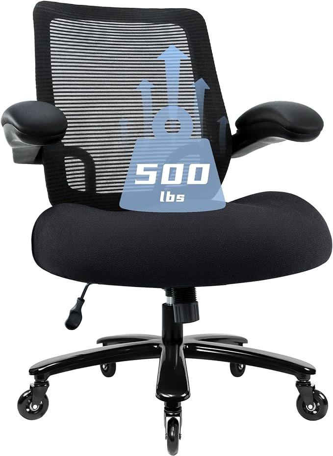 500LBS Big and Tall Office Chair with Flip-Up Armrests, Heavy Duty Office Chair for Heavy People, Memory Foam Seat Filling Springs, Black