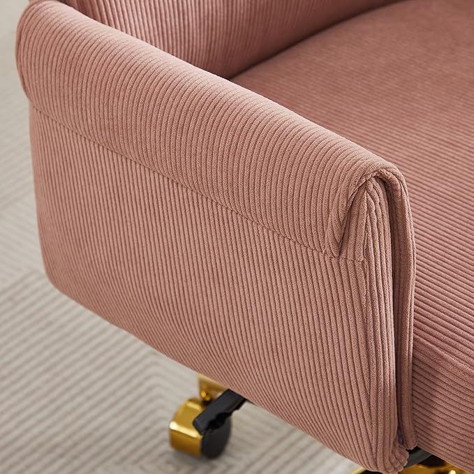 Striped Velvet Office Chair, 360° Swivel Ergonomic Task Chair with High Back, Gold Base and Wheels, Height Adjustable Modern Accent Chair for Home Office, Living Room, Study, Vanity (Dark Pink)