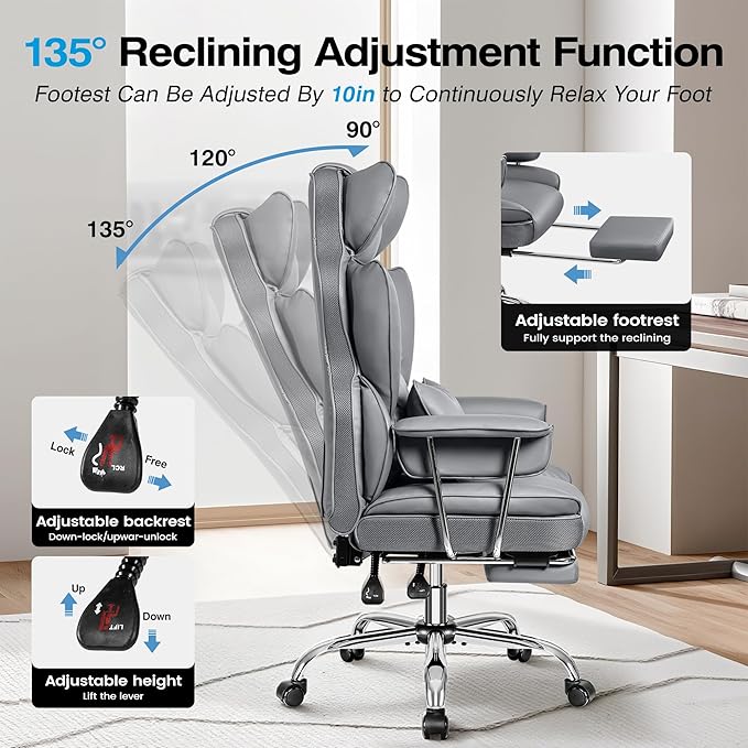 Office Chair Comfy, Big and Tall Executive Leather Chair, High Back Ergonomic Wide Chair with Footrest, Reclining Computer Desk Chair, Heavy Duty Gaming Chair with Padded Arm and Pillow, Grey