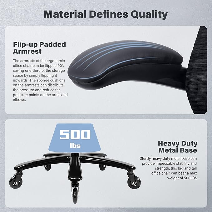 500LBS Big and Tall Office Chair with Flip-Up Armrests, Heavy Duty Office Chair for Heavy People, Memory Foam Seat Filling Springs, Black