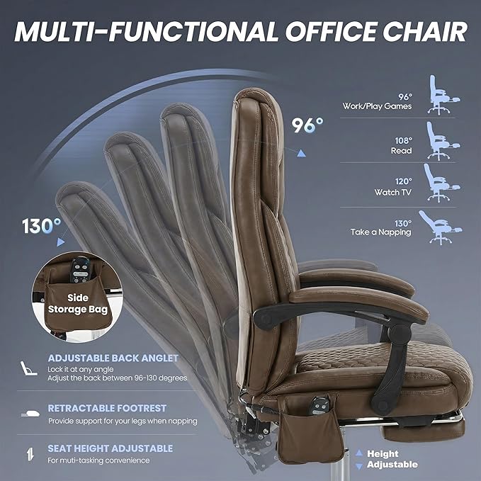 Massage Office Chair Set of 2 with 3-Level Heat and Footrest – 20-Min Easy Assembly, 300 lbs Big and Tall Desk Chair, PU Leather Ergonomic Executive Computer Chair with Side Pocket, Brown