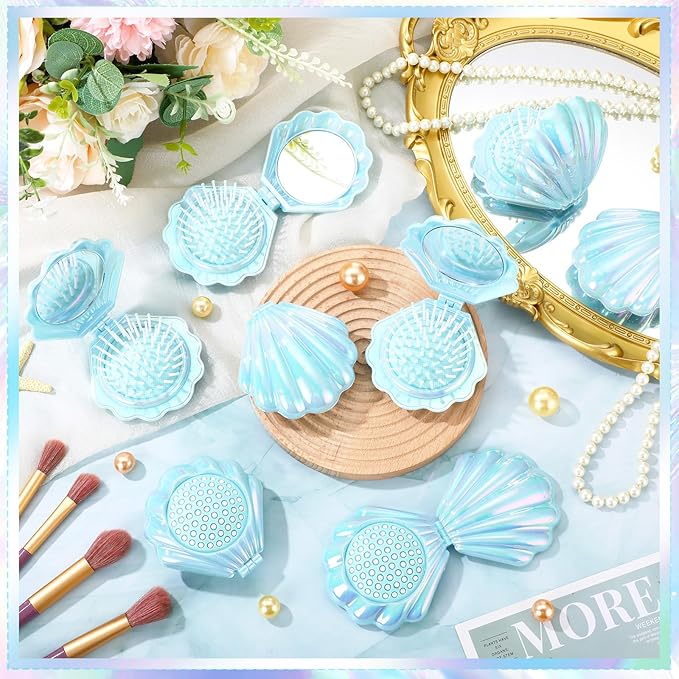 Meanplan 12 Pcs Mermaid Party Favors Shell Hair Brush with Mirror Foldable Mini Travel Pocket Hair Brush Compact Makeup Comb for Women Girls Valentines Day Birthday Gifts(Blue)