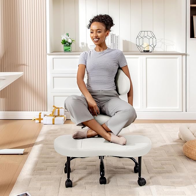 Cross Legged Office Chair, Criss Cross Desk Chair ADHD Meditation Kneeling Yoga Seat with Adjustable Height, Lumbar Support, Wider Footrest and Wheels (White)