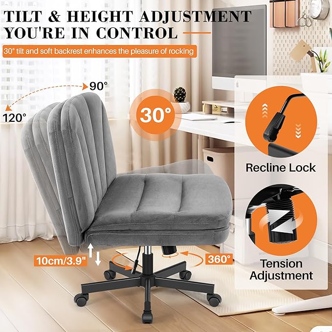 FelixKing Criss Cross Chair with Wheels, Cross Legged Office Chair, Armless Wide Vanity Desk Chair with 2 Layer Comfty Velvet & Back - Swivel for Home Office Bedroom, Velvet Gray