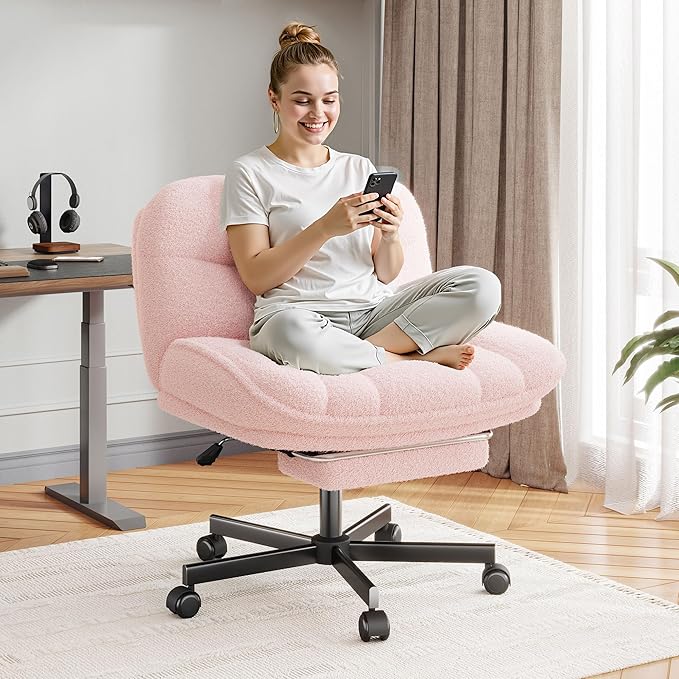 Cross Legged Office Chair with Foot Rest, 6.3" Thick Cushioned Criss Cross Chair with Wheels, Height Adjustable Swivel Vanity Chair for All-Day Comfort (Pink)