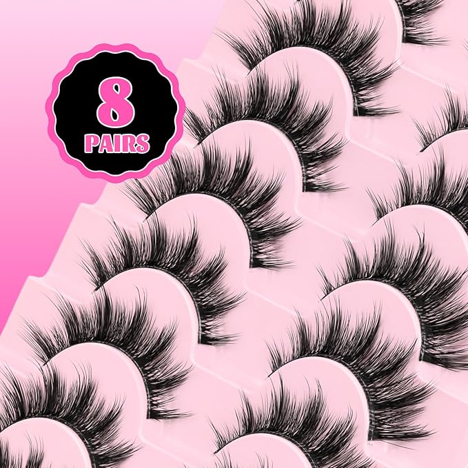 Veleasha Lashes Manga Eyelashes Cat Eye Lash with Clear Band Spiky Lashes Natural False Eyelashes Cospaly Strip Lashes Anime Wispy Fake Eyelash Korean Japanese Asian Lash 8 Pairs (Sunny Clear)
