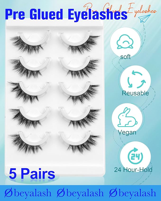 Waterproof Self Adhesive Eyelashes,Half Eyelashes 10-14mm 5 Pairs Natural Look Stick on False Eyelashes, No Glue Needed, Wispy Glueless Lashes Reusable and Comfortable by Obeyalash (6D49)