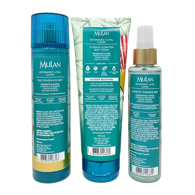 Bath & Body Works Limited Edition Princess Collection Mulan Fine Fragrance Mist, Ultimate Hydration Body Cream and Diamond Shimmer Mist with an Aloe Vera Bar Soap
