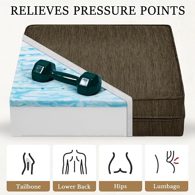 baibu Gel Memory Foam Recliner Cushions with Lumbar Support Pillow for Elderly, 20x20x5 Inch Thick Dual-Layer Design Non-Slip Seat Cushion for Recliner Chair for Reduce Hip & Lumbar Pain, Brown